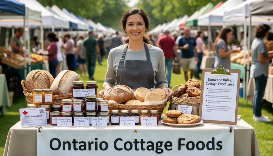 Artisan preserves in labeled glass jars displayed at farmers market booth