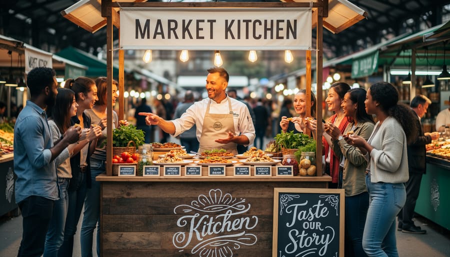 Culinary vendor arranging fresh baked goods at farmers market booth