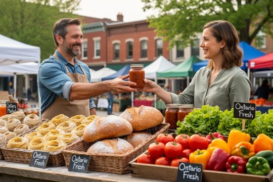 Vendor at an Ontario farmers’ market handing a jar of homemade preserves to a customer across a rustic stall with fresh pasta nests, artisan bread, and seasonal produce; market tents, heritage brick buildings, and maple trees softly blurred in morning light.