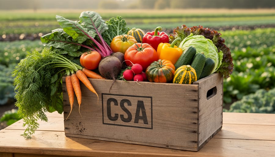 CSA harvest crate filled with seasonal vegetables including carrots, kale, radishes, and cabbages