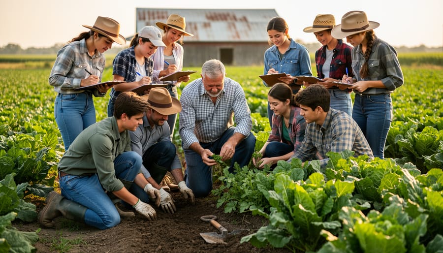 People training together in a vegetable garden at Everdale while working the soil around seedlings
