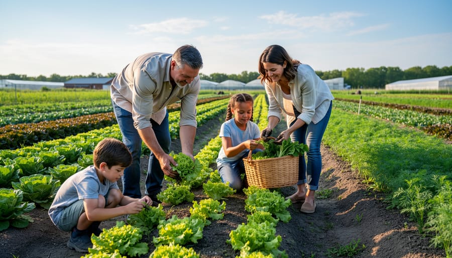 Family in a vegetable field near Toronto holding fresh leafy greens and looking at the crops