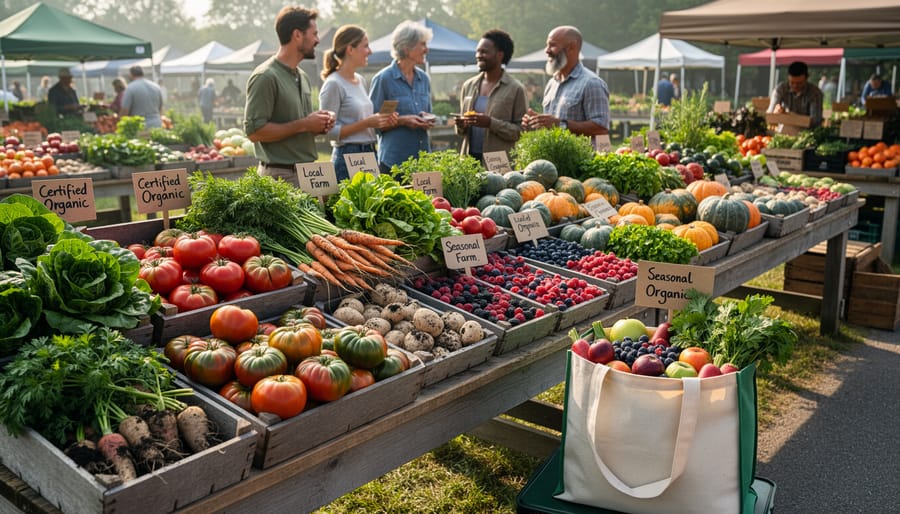 Colorful seasonal vegetables and herbs displayed on a farmers’ market table in warm sunlight
