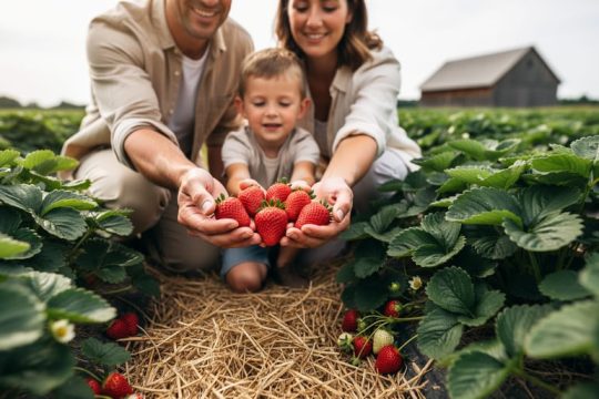 Family kneeling in a strawberry field near Toronto, reaching to pick ripe strawberries among green leaves.