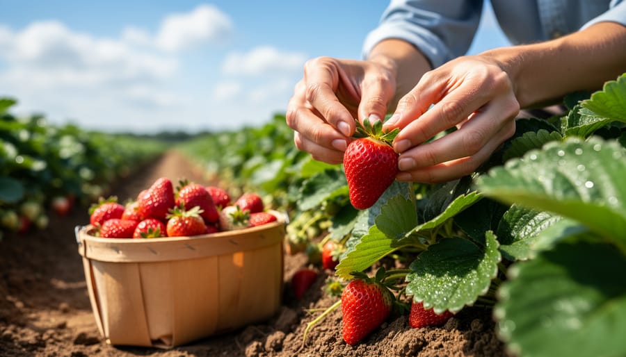 Person in gardening gloves holding a basket of freshly picked strawberries in a u-pick field