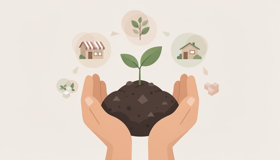 Close-up of hands holding a young plant seedling with visible roots in dark soil.