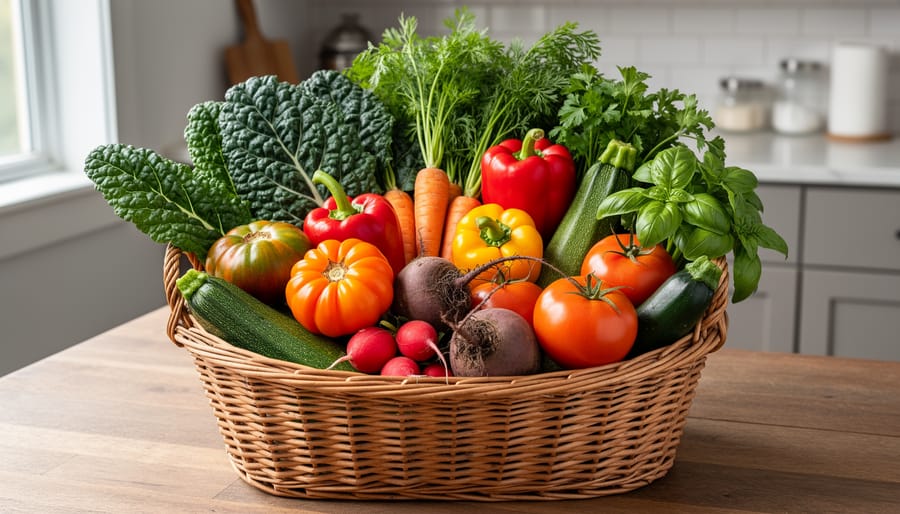 CSA harvest basket overflowing with seasonal vegetables and herbs on a kitchen table