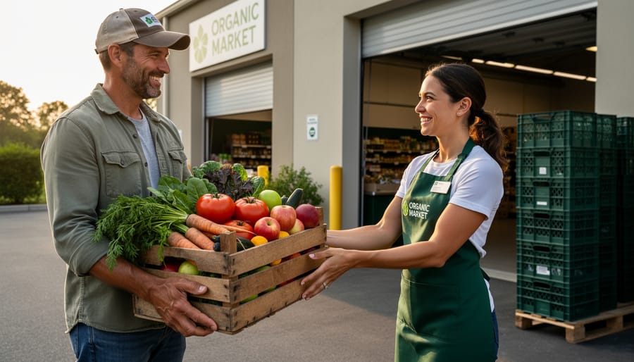 Farmer handing a crate of freshly harvested organic carrots and leafy greens to a store at a loading dock.