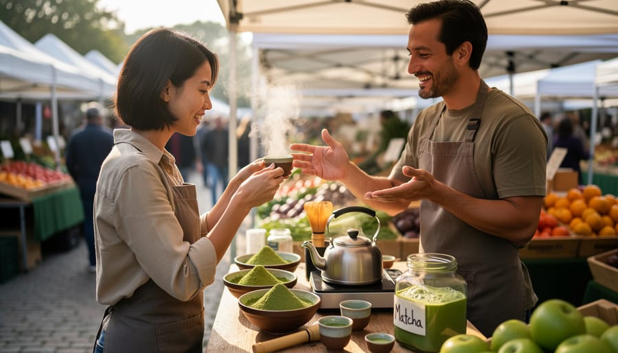Vendor hands pouring matcha into small cups for customers to sample at a farmers' market stall