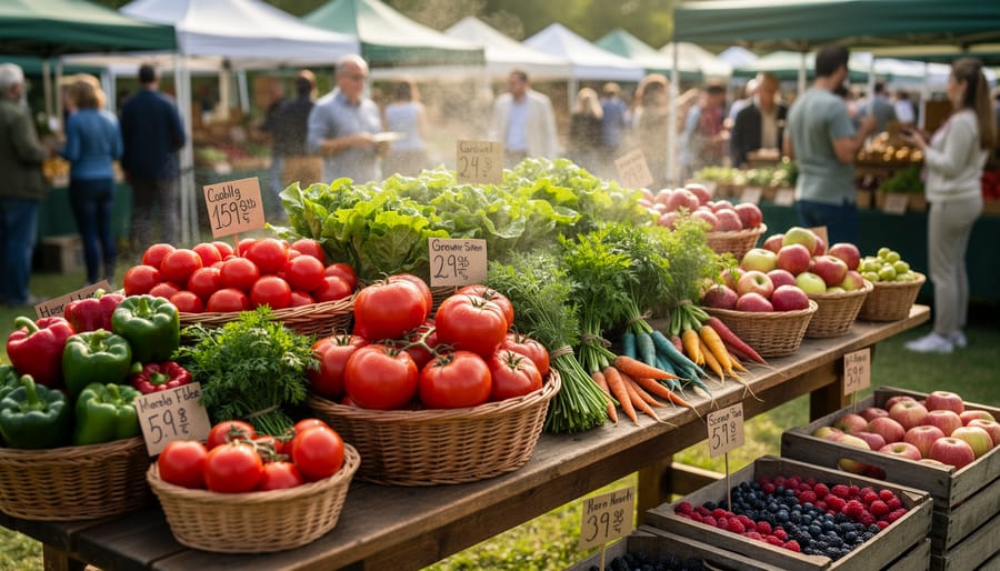 Farmers market stall table with fresh produce and farm eggs on display