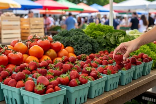 Shopper’s hand reaching for fresh strawberries at a farmers market stall with baskets of seasonal produce like tomatoes and greens on display.