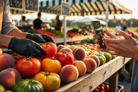 Vendor arranging heirloom tomatoes and peaches on a wooden market table while a smartphone records the scene at an outdoor Ontario farmers market.