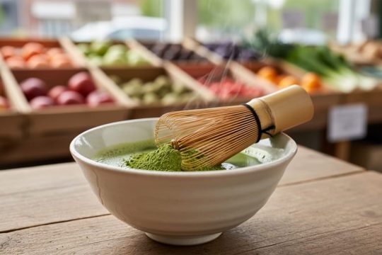 Vibrant green matcha powder being whisked in a ceramic bowl with a bamboo whisk at an Ontario farmers’ market stall.