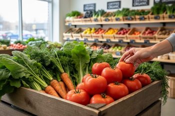 A hand selecting fresh organic vegetables from wooden produce bins inside an Ontario specialty organic store, with other seasonal produce in soft focus behind.