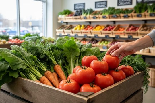 A hand selecting fresh organic vegetables from wooden produce bins inside an Ontario specialty organic store, with other seasonal produce in soft focus behind.