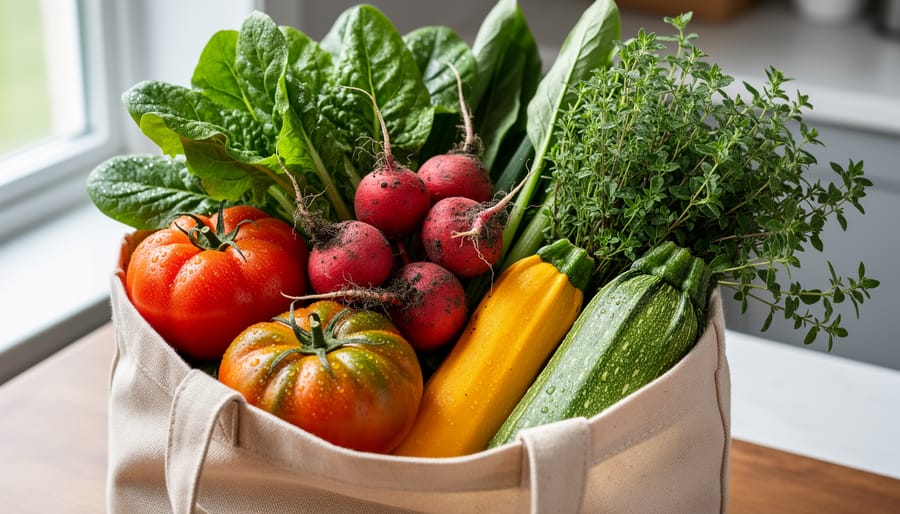 Canvas tote bag filled with seasonal produce at a farmers market