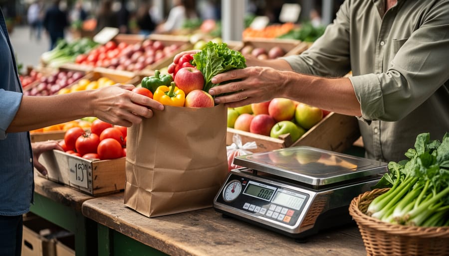 Vendor hands weighing fresh produce on a scale at a farmers market stall