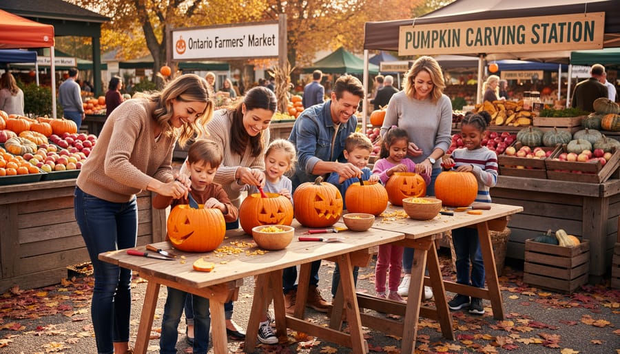 Family carving a small pumpkin at an outdoor market Halloween feast station