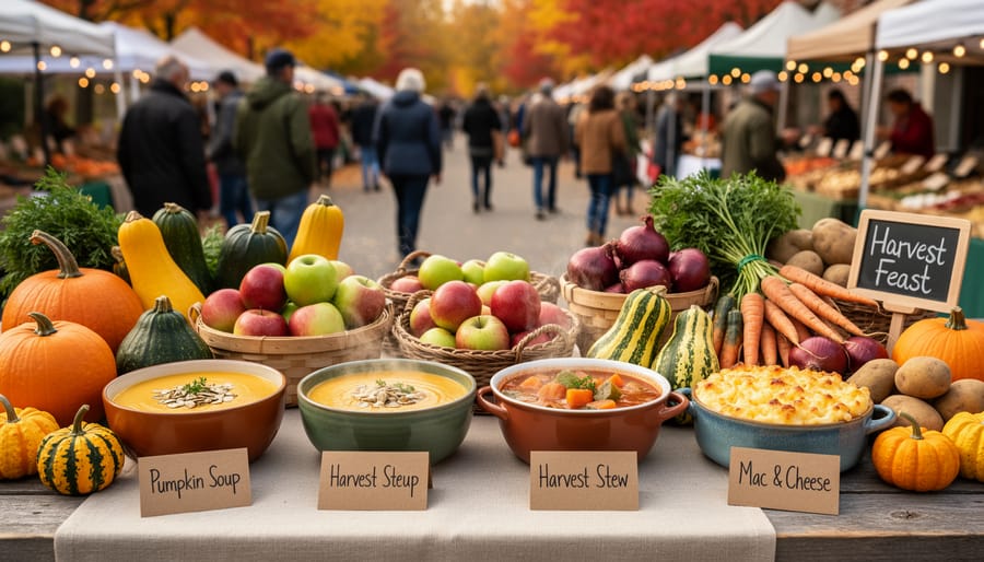 Farmers' market Halloween feast table with pumpkins, squash, apples, and steaming soup under soft daylight