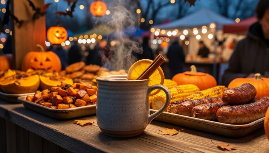 Steaming hot cider and roasted fall foods on a farmers' market stall counter at autumn evening