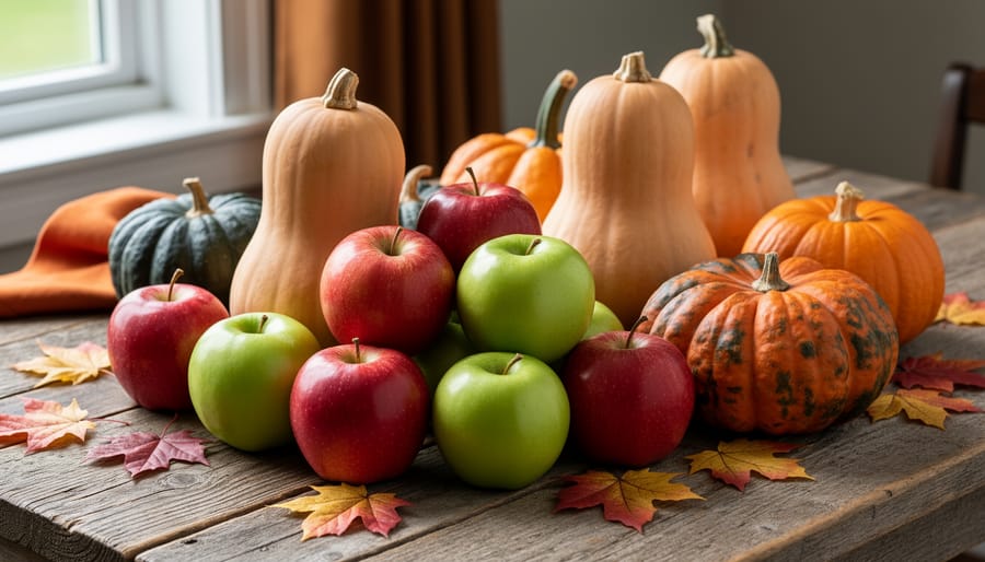 Vendor hands holding baskets of Ontario apples and winter squash at a farmers' market