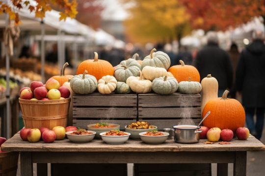 A farmers’ market Halloween feast table featuring pumpkins, winter squash, apples, and warm comfort-food bowls under a fall market canopy.
